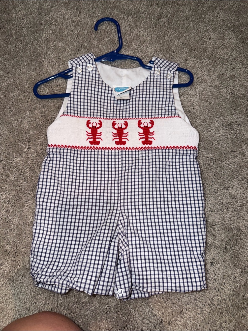 KREWE Navy Check Cotton Romper with Red Lobster Smocking